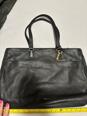 Fossil Black Leather Tote with Gold Key Charm